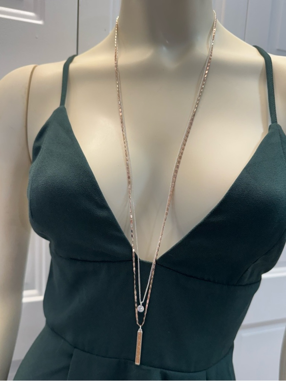 Layered Druzy Bar Pendant Necklace Silver & Rose Gold Double Chain CZ Accent